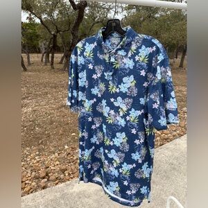 Johnnie-O Floral Polo Shirt Blue Hawaiian Print Short Sleeve